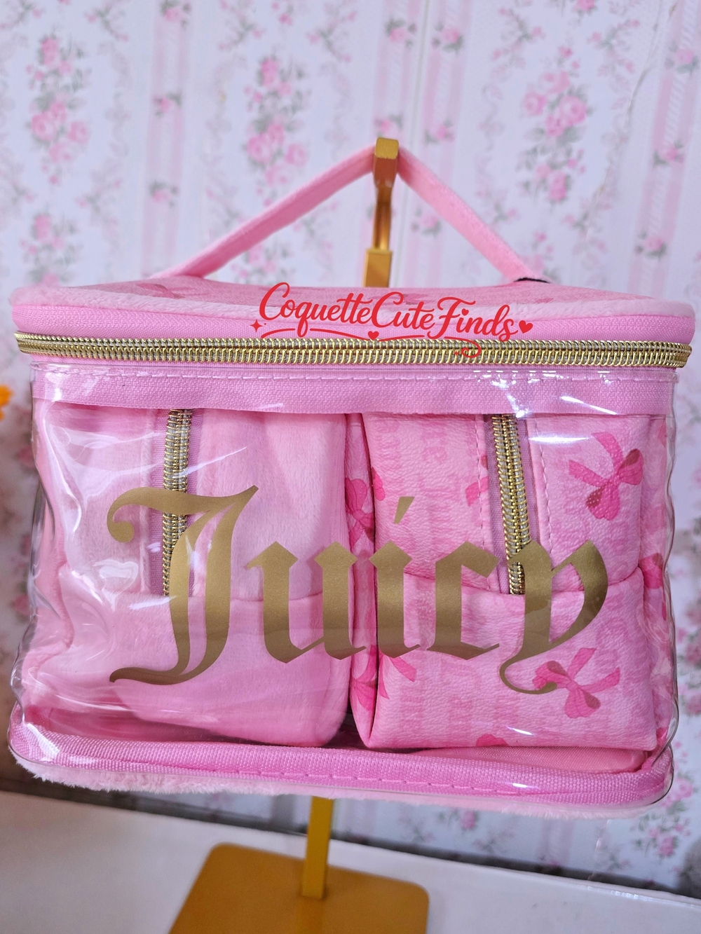 Juicy Couture Set Of 3 Pink Clear Travel Cosmetic Organizer with Gold Logo